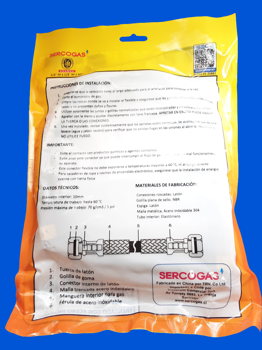 Flexible para Gas 1/2"x1/2" 1MT Certificado