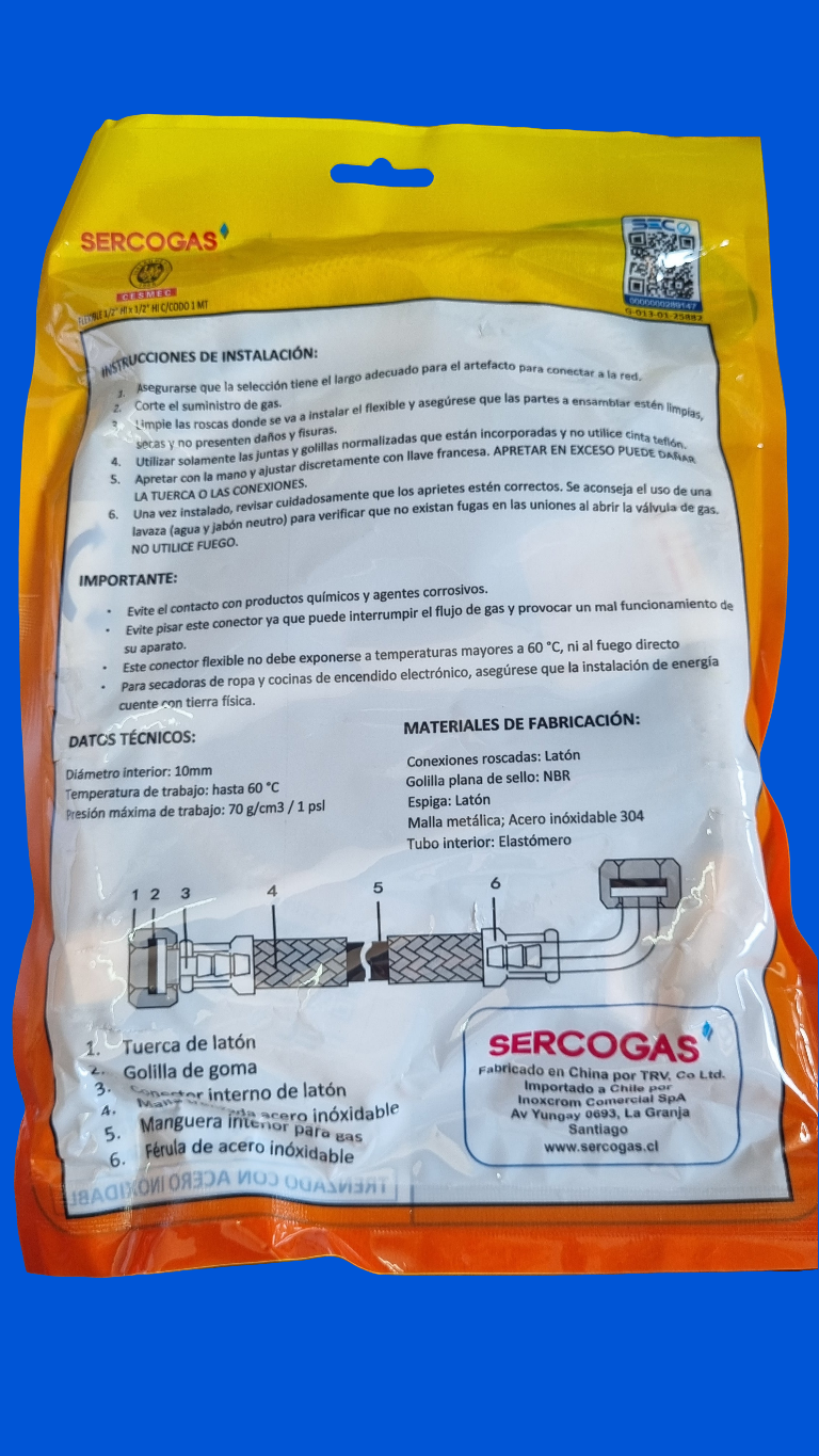 Flexible de Gas 1/2"x1/2" Con Codo 1 MT