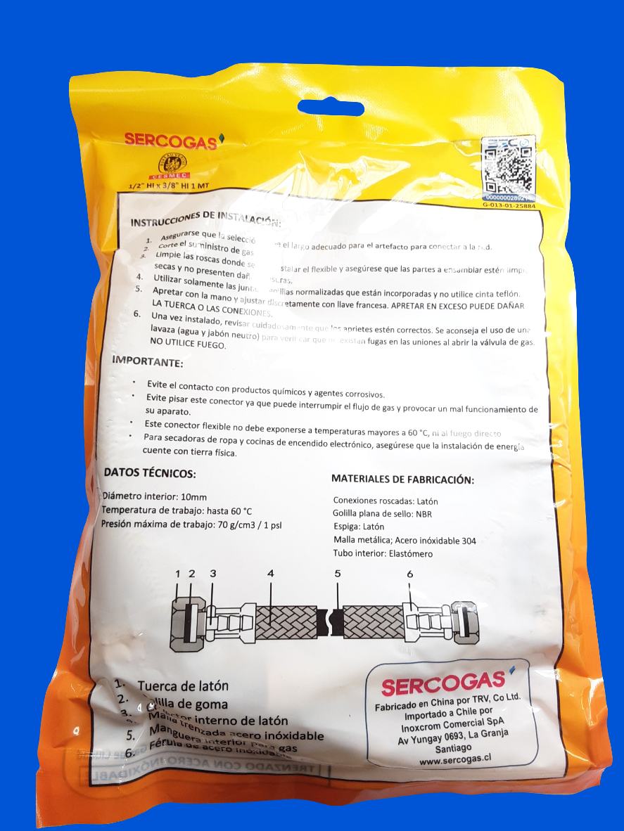 Flexible para Gas 1/2"x3/8" 1MT Certificado